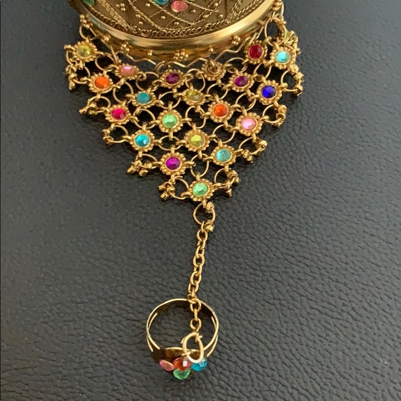 Antique Gold Multicolored Cuff Bracelet with Ring - Picture 4 of 8